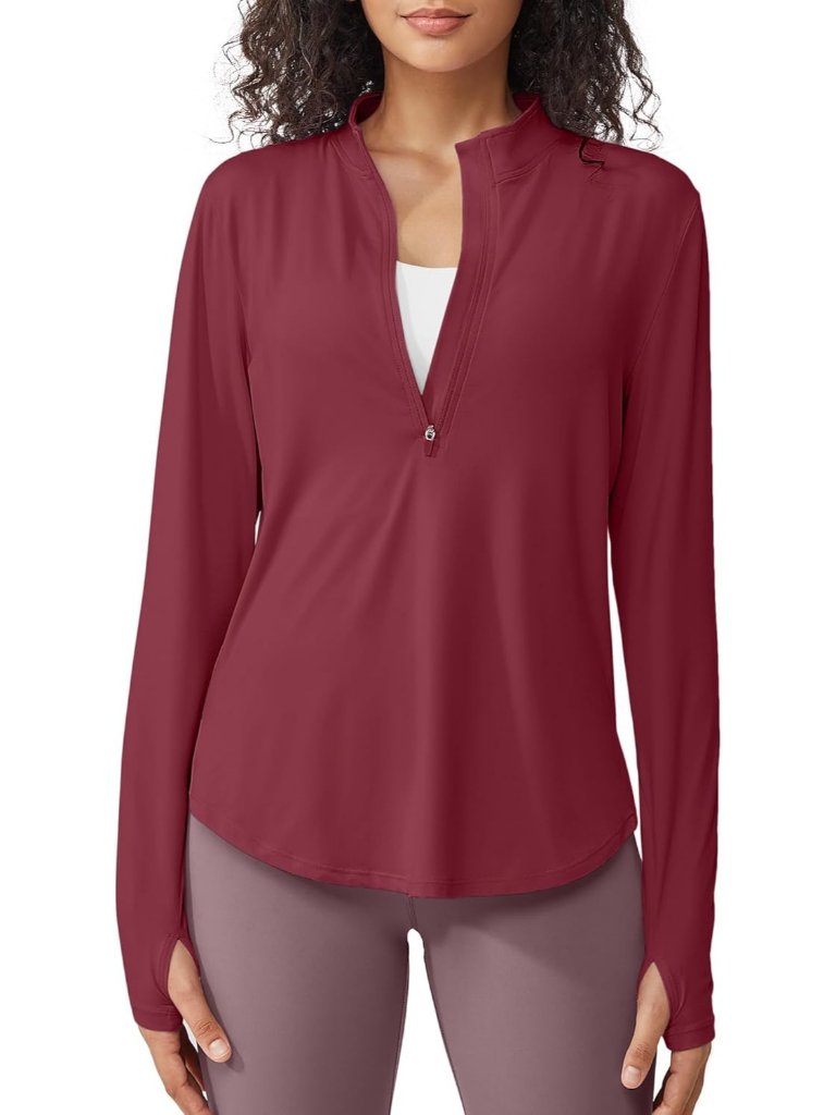 Women's Burgundy Upf 50+ Mock Neck Lightweight Workout Long Sleeve Quick Dry Top